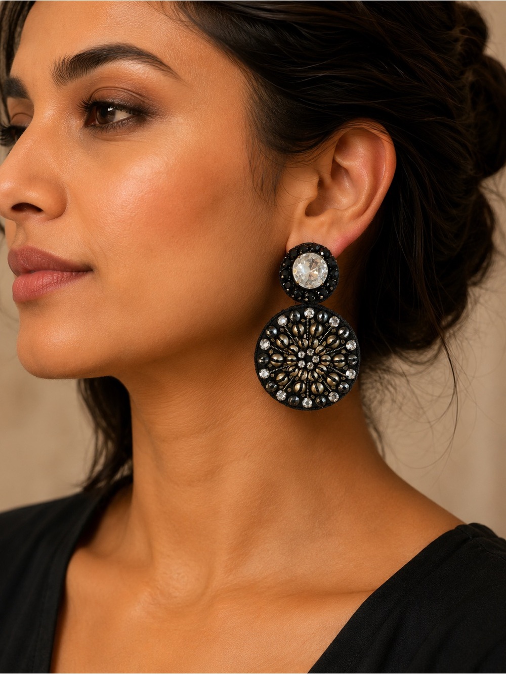 Ranjana Khan Black Beaded Drop Earrings with Clear Crystals
